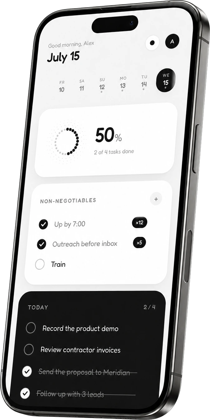 Daily on a floating iPhone — today's tasks, non-negotiables and progress ring