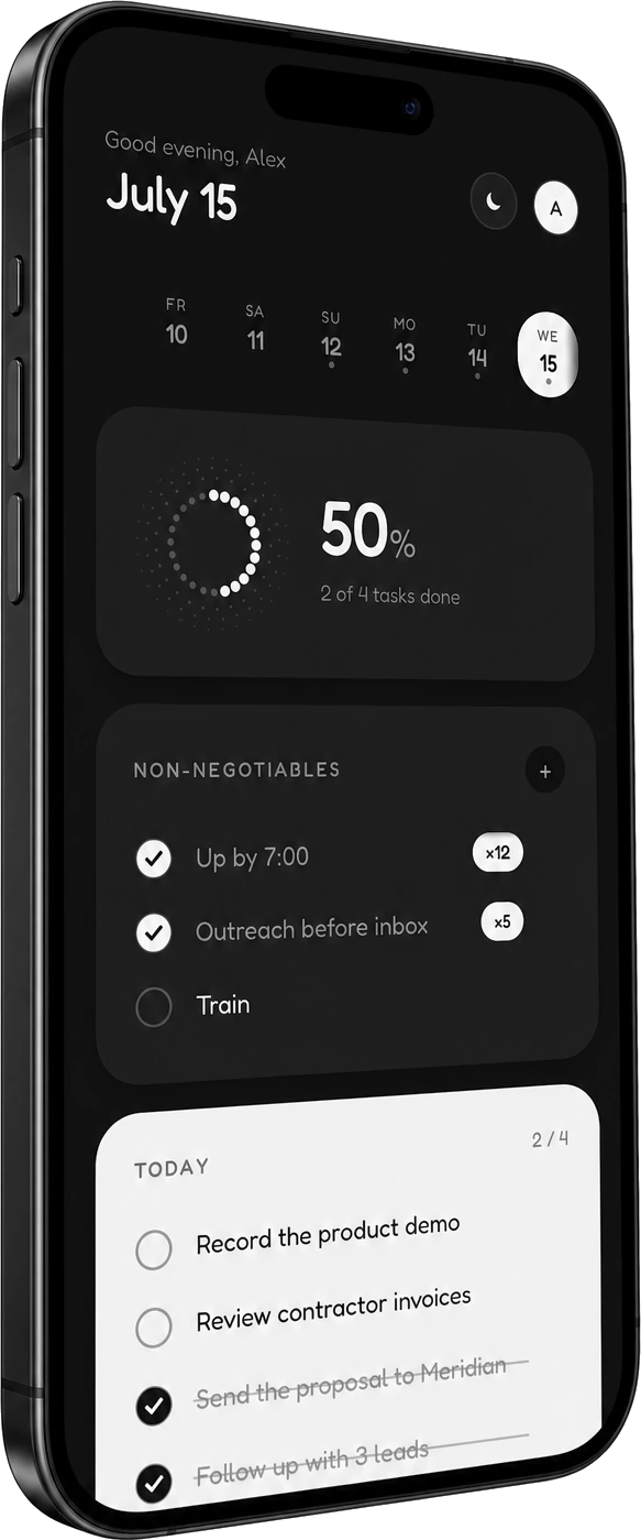 Daily's dark theme on a floating iPhone