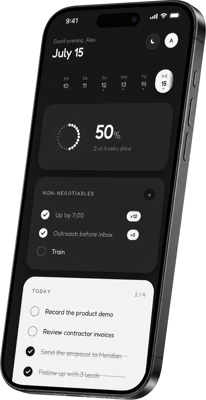Daily's dark theme on a floating iPhone