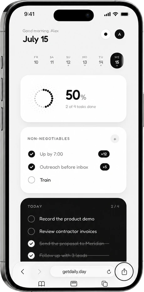 Step 1 — open getdaily.day in Safari and tap the share button